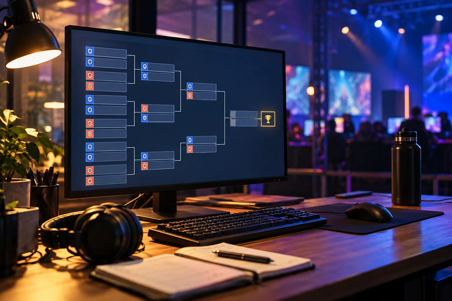 Posto de organização com diagrama de competição